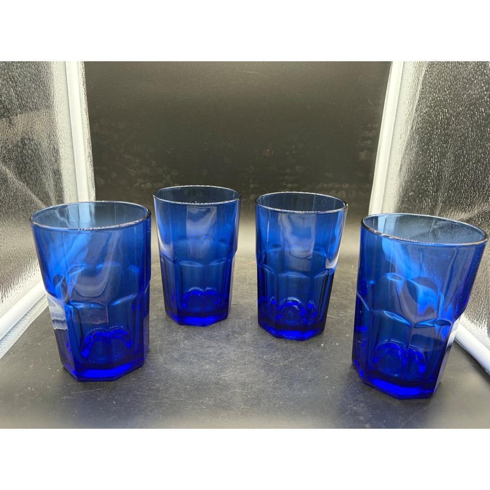 Crisa Cobalt Blue Glass Tumblers Set of 4 Octagonal Base Drinking Glasses 5.5in